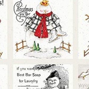 May include: A white snowman wearing a red and black plaid scarf and a black top hat. The snowman is holding a stick in its right hand and has a red scarf around its neck. The snowman is standing on a snowy ground with two small trees in the background. The text "Christmas Joy for You" is written in cursive above the snowman.