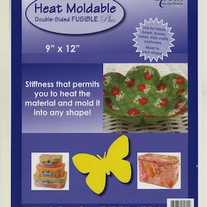 May include: Heat moldable, double-sided fusible material, measuring 9" x 12". The product is designed for fabric bowls, boxes, vases, and costumes. The image includes a yellow butterfly and examples of finished projects.