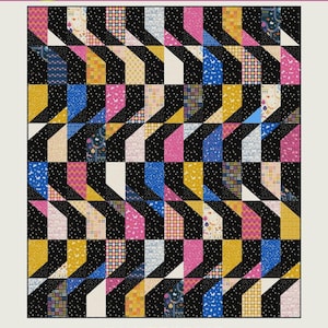 May include: A throw quilt titled Waveforms by Copper Kettle Quilt Company, written by Sarah Sumbera. The quilt features a repeating geometric pattern of black fabric with white dots alternating with colorful patterned squares in pink, yellow, and blue.