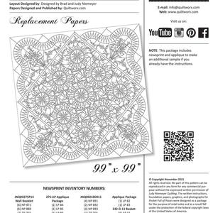 May include: A black and white paper pattern for a quilt, titled "Pocket Full of Posies." The design features a repeating floral and geometric pattern, with the dimensions of 99 x 99 inches. Includes a list of inventory numbers and the Quiltworx.com logo.