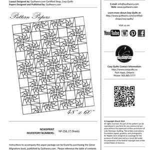 May include: A black and white quilt pattern titled "Ripples" with a geometric design. The pattern measures 48 x 60 inches and is published by Quiltworx.com. Includes contact information and copyright details.