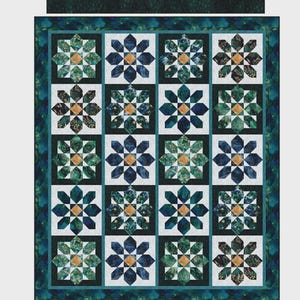May include: A quilt design titled "Celestial Tiles" featuring a repeating pattern of geometric star-like shapes in shades of blue, green, and gold. The finished size is 60" x 74.5" or 77.5" x 90.5". The design is by Quilt Boss Design.
