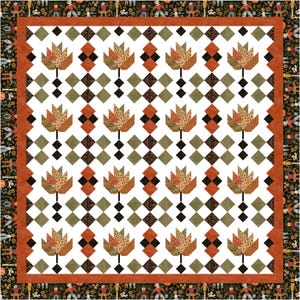 May include: A patchwork quilt with a repeating pattern of stylized autumn leaves in shades of orange, brown, and tan. The leaves are set against a white background with a grid of green, black, and orange diamonds. The quilt has a dark border with small figures.