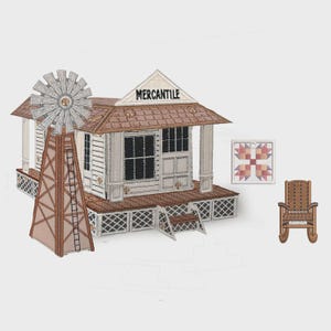 May include: A detailed illustration of a mercantile building with a windmill, a quilt, and a rocking chair. The building has a brown roof and the word "MERCANTILE" on the front. The windmill is silver and brown. The quilt is red, pink, and beige.