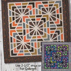 May include: A quilt pattern titled "Astrid" with a geometric design in shades of orange, brown, gray, and white. The pattern includes the text "Use 2-1/2" strips or Fat Quarters" and is 65" x 65".