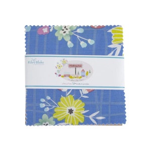May include: A blue and white fabric square with a floral pattern and a label that reads "Riley Blake Designs" and "Mulberry Lane - a place like home".