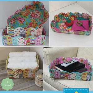 May include: A collage of scalloped baskets in various sizes and patterns. The baskets feature floral and patchwork designs, with some holding items like towels, books, and sewing supplies. The text "Scalloped Baskets" is at the top.