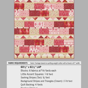 May include: A quilt pattern with a red and cream color scheme, featuring a picket fence design. The quilt measures 60.5 x 61.5 inches. The pattern includes fabric requirements and is from Robin Pickens Quilt Patterns.
