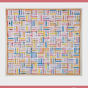 May include: A square quilt featuring a woven pattern of multicolored fabric strips in shades of pink, yellow, orange, and blue, interspersed with white strips. The quilt has a bright orange border and the text joyful stripes, a charm pack friendly quilt pattern, pattern - 001, and allison ramsing.
