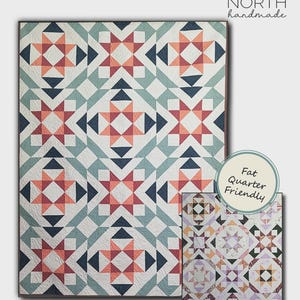 May include: A quilt pattern titled "Pine Boughs" with a geometric design. The quilt measures 54" x 72" and features a repeating pattern of diamonds and star-like shapes in shades of coral, navy, and teal. The difficulty level is indicated by four out of five stars.