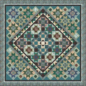 May include: A quilt pattern titled "Blooming Beauty Lakeside Edition" featuring a geometric design with star and diamond shapes in shades of teal, brown, and beige. The quilt measures 98" x 98". The pattern is from Quilt Moments.