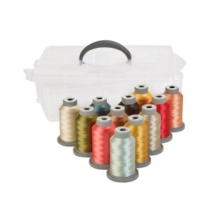 May include: A clear plastic storage case with a handle containing 12 spools of embroidery thread in various colors, including gold, green, red, and blue.