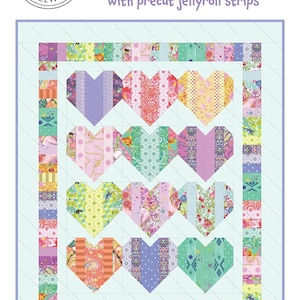 May include: A colorful quilt pattern titled "Heartstrings" with heart shapes in various patterns and colors. The quilt measures 56" x 68". The design includes the text "QUICK & EASY with precut jellyroll strips".