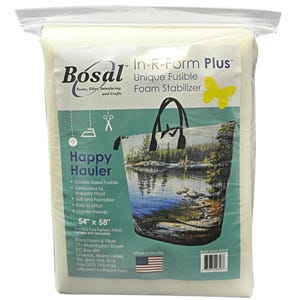 May include: A package of Bosal In-R-Form Plus, a unique fusible foam stabilizer. The package features a graphic of a tote bag with a landscape scene. The stabilizer measures 54" x 58".