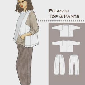 May include: A sewing pattern titled "Picasso Top & Pants" from The Sewing Workshop. The image shows a woman wearing the top and pants, which are white, brown, and gray. The pattern includes diagrams of the top and pants.