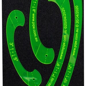 May include: Green acrylic quilting templates from Pauline's Quilters World. Includes oval and mandorla templates ranging from 2" to 12" in size. The templates are designed for making oval and almond shapes. The text "Precision Quilt Wonders" is visible.
