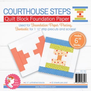 May include: Quilt block foundation paper for Courthouse Steps quilt blocks. The paper is used for foundation paper piecing and is fantastic for 1 1/2" strip precuts and scraps. The paper makes 6" blocks. The image includes the text "COURTHOUSE STEPS".
