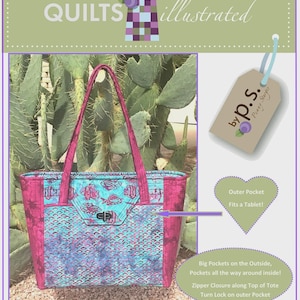 May include: A quilted tote bag featuring a turquoise and magenta fish pattern with a turn lock closure on the front pocket. The bag has magenta straps and a zipper closure along the top. Text on the image includes "QUILTS illustrated", "by p.s.", "Outer Pocket Fits a Tablet!", "Big Pockets on the Outside, Pockets all the way around inside!", "Zipper Closure along Top of Tote", "Turn Lock on outer Pocket", and "ps038 The Portfolio Tote".