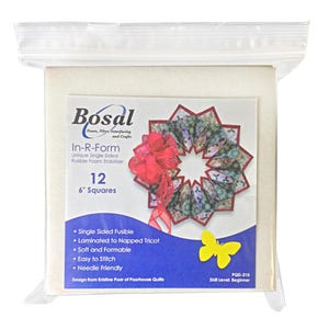 May include: A package of Bosal In-R-Form foam stabilizer. The package contains 12 squares, each 6 inches in size. The label includes details about the product's features, such as being single-sided fusible, soft, and easy to stitch. A red bow and a yellow butterfly are also visible.