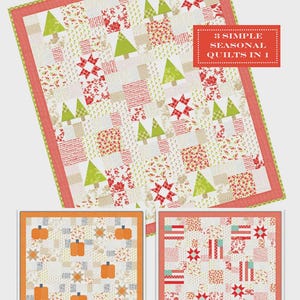 May include: A patchwork quilt design with a seasonal theme. The main quilt features green trees, red stars, and floral patterns on a white background. The design includes the text "Seasonal Patchwork" and "3 Simple Seasonal Quilts in 1".