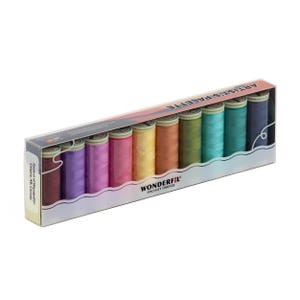 May include: A set of 10 spools of embroidery thread in a rainbow of colors. The spools are labeled "Artist's Palette" and "Wonderful Specialty Threads".