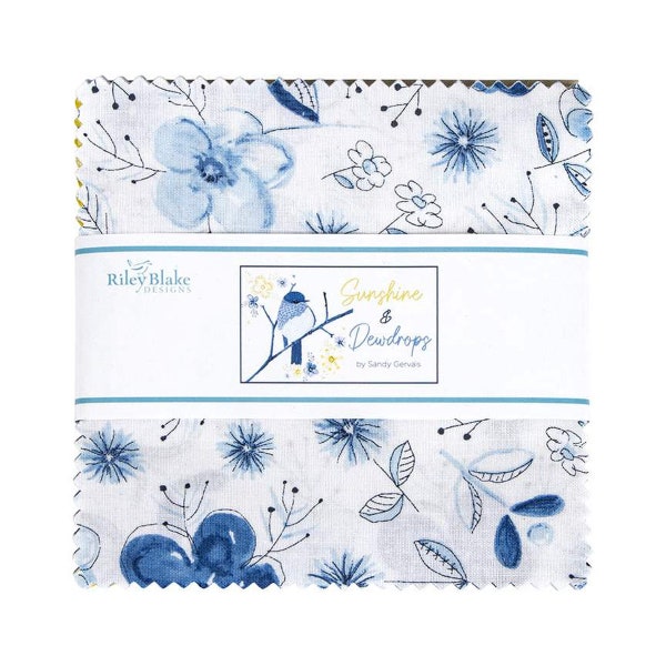 Sunshine & Dewdrops Stacker 5" Charm Pack | Sandy Gervais Riley Blake Designs | Modern Floral Flowers Birds Sun Wildflowers | 5-11800-42