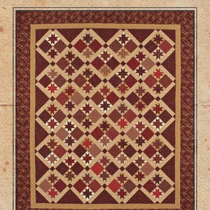 May include: A quilt pattern titled "From The Heart" with a vintage aesthetic. The design features a central square with a repeating pattern of diamonds and stars in shades of red, brown, and beige. The pattern is framed by a decorative border.