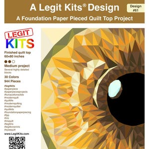 May include: A quilt top project kit titled "Hazel Iris" by Legit Kits. The design features a geometric eye in shades of brown, yellow, and black. The finished quilt top measures 60x80 inches and requires 944 pieces. The kit includes a medium project with 30 colors.