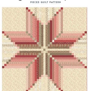 May include: A quilt pattern titled "Virginia Star - Jelly Roll" by Laundry Basket Quilts. The pieced quilt features a star design in shades of red, pink, and tan. The finished quilt size is 74.5 inches by 74.5 inches.