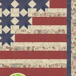 May include: A patriotic quilt featuring a design reminiscent of the American flag. The quilt has alternating red and cream-colored stripes, with blue stars in the upper left corner. The quilt measures 60.5 inches by 60.5 inches.