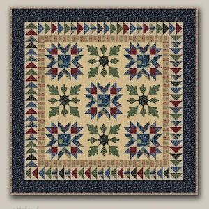 May include: Clarissa quilt with a cream background, featuring star and leaf patterns in red, blue, and green. The quilt measures 56 x 56 inches. The border is navy blue with a triangle pattern. The text "CLARISSA" is at the top.