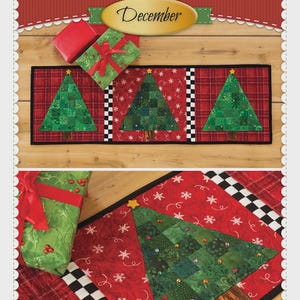 May include: Patchwork accent runner with a Christmas tree design. The runner features three green Christmas trees with yellow star toppers on a red plaid background. The text "Christmas Tree" and "December" are also visible.