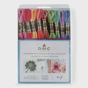 May include: A collector's edition box of DMC variegated embroidery floss containing 36 skeins in various colors including pink, orange, red, green, purple, and blue. The packaging features the DMC logo, text, and images of floral embroidery.