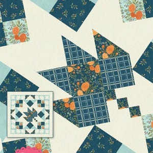May include: A quilt design with a patchwork pattern featuring geometric shapes and floral prints in shades of teal, orange, and cream. The words "Cider Season" are displayed at the top. Designed by Ángeles Jaso Tucker.