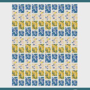 May include: A quilt pattern titled bold blocks featuring a grid of rectangular fabric swatches in blue, mustard yellow, and cream, each decorated with abstract shapes. The text includes a yardage, fat quarter, and scrap friendly quilt pattern - 003.
