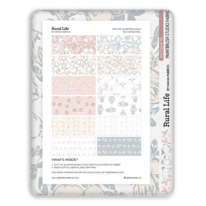 May include: A fabric bundle featuring 12 fat quarter pieces of fabric with a rural theme. The fabric designs include a variety of patterns with sheep, flowers, and other country-inspired motifs. The bundle is titled "Rural Life" and is exclusive to Paintbrush Studio Fabrics.