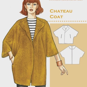 May include: Illustration of a woman wearing a mustard-colored coat with a black and white striped shirt. The image includes the text "THE SEWING WORKSHOP" and "CHATEAU COAT". Two white shirt patterns are also shown.