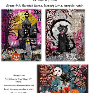 May include: A collage pattern sheet by Laura Heine featuring three Halloween-themed designs. The designs include a haunted house, a black cat with a crescent moon, and a pumpkin patch with the word "eek!". The text "Teeny Tiny Collage Patterns" is at the top.