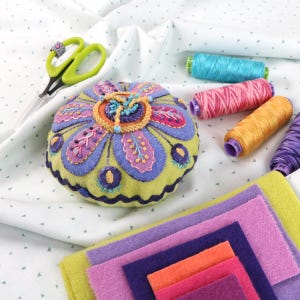 Sue Spargo Flower Pincushion Pattern Thread Kit Options | Folk Art Quilts | Folk Art Wool Felt Hand Embroidery Stitching | Rusty