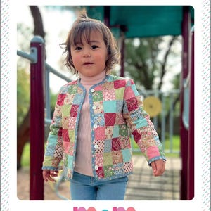 May include: A child wearing a colorful patchwork jacket with the text "TIC TAC TOE CHILDREN'S PATCHWORK JACKET". The jacket features a variety of fabric squares in pink, green, and blue hues. The jacket has a light blue trim and button closure.