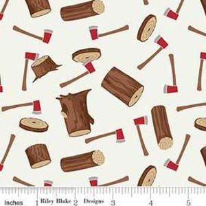 May include: A white background with a repeating pattern of brown logs, red axes, and brown wood rounds. The logs are in various orientations, some are cut in half to show the wood grain. The axes have red handles and black blades. The wood rounds are in various sizes and orientations.