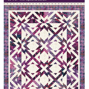 May include: A quilt pattern titled "Stellar Magic" with a geometric design in shades of purple, pink, and cream. The pattern measures 42" x 56" and 53" x 67" with an optional border. The design features star and diamond shapes.