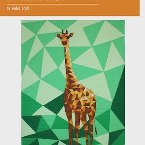 May include: A geometric quilt titled "the GIRAFFE ABSTRACTIONS quilt" by Violet Craft. The quilt features a giraffe design in shades of brown and yellow against a green geometric background. The quilt is a unique piece of textile art.