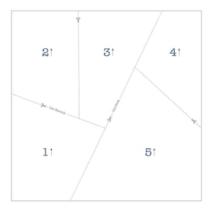 May include: Diagram showing how to cut a piece of fabric into five sections. The diagram shows five numbered sections with dotted lines indicating where to cut. The text "Cut First" and "Cut Second" are written next to the scissors.