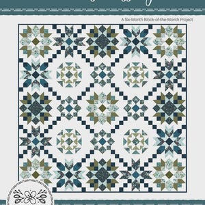May include: A detailed quilt with a repeating star pattern in shades of blue, green, and white. The quilt is labeled "Winter's Crossing" and measures 80 x 80 inches. The design includes geometric shapes and floral accents, perfect for a cozy home.