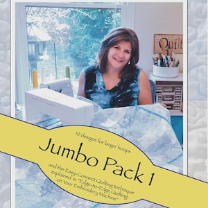 May include: A woman smiles while working on an embroidery machine. The image features text that reads "Edge-to-Edge Quilting on Your Embroidery Machine" and "Jumbo Pack 1". The design includes 10 designs for larger hoops.
