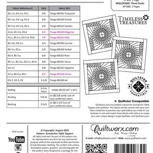 May include: A printed pattern for Suncatcher Table Toppers, featuring a quilt design with a spiral pattern. The quilt size is 30" square. Includes fabric references, yardage, and a copyright notice from August 2022.