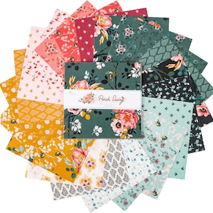 May include: A pack of 18 fabric squares featuring floral and geometric patterns in shades of green, pink, yellow, and white. The pack is labeled "Porch Swing" and "Riley Blake Designs".