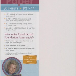 May include: A package of Carol Doak's Legal-Size Foundation Paper for quilting. The package is white with text in burgundy, gold, and blue. It contains 50 sheets, each measuring 8.5" x 14". Features include no shrinking and works in most printers.