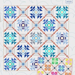 May include: A quilt pattern titled "Patriot Dream" with a finished size of 75" x 75". The quilt design features repeating geometric blocks in shades of blue, teal, and white, with a smaller version showcasing vibrant colors.